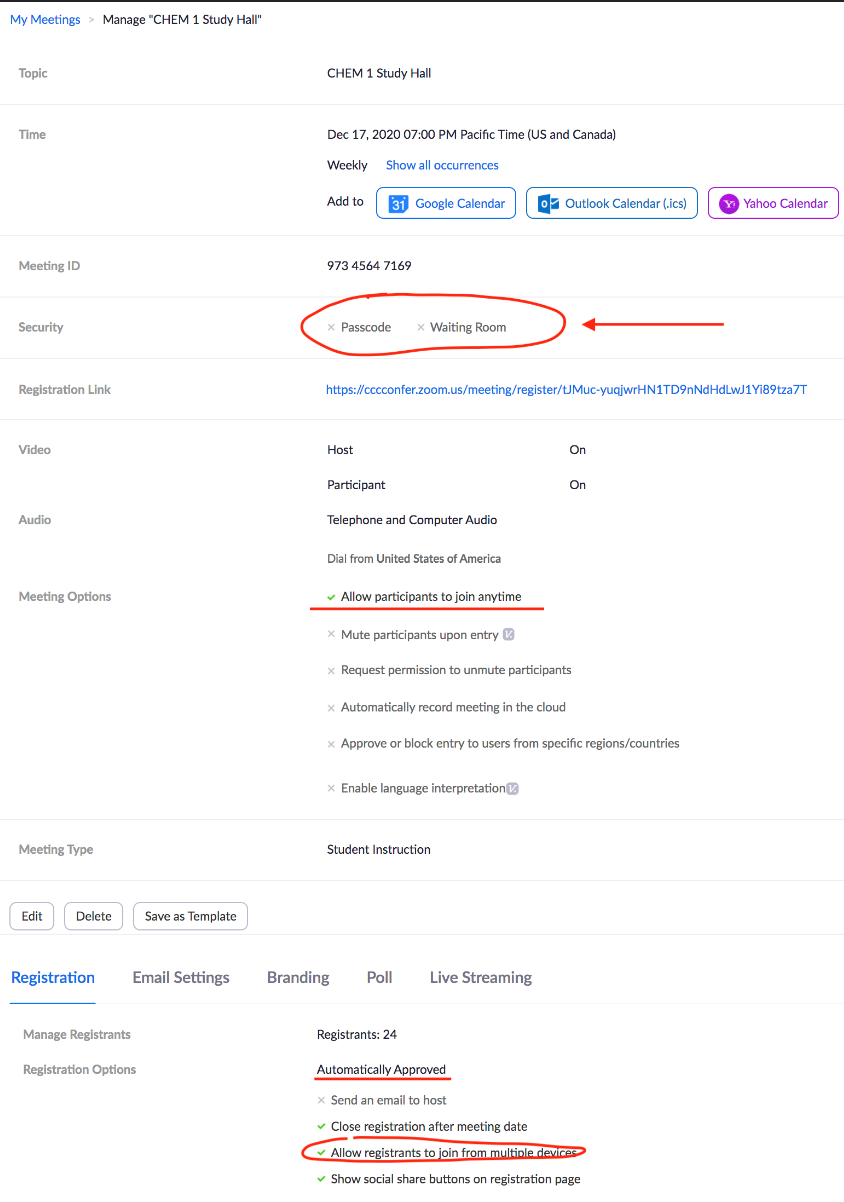 Zoom study hall settings