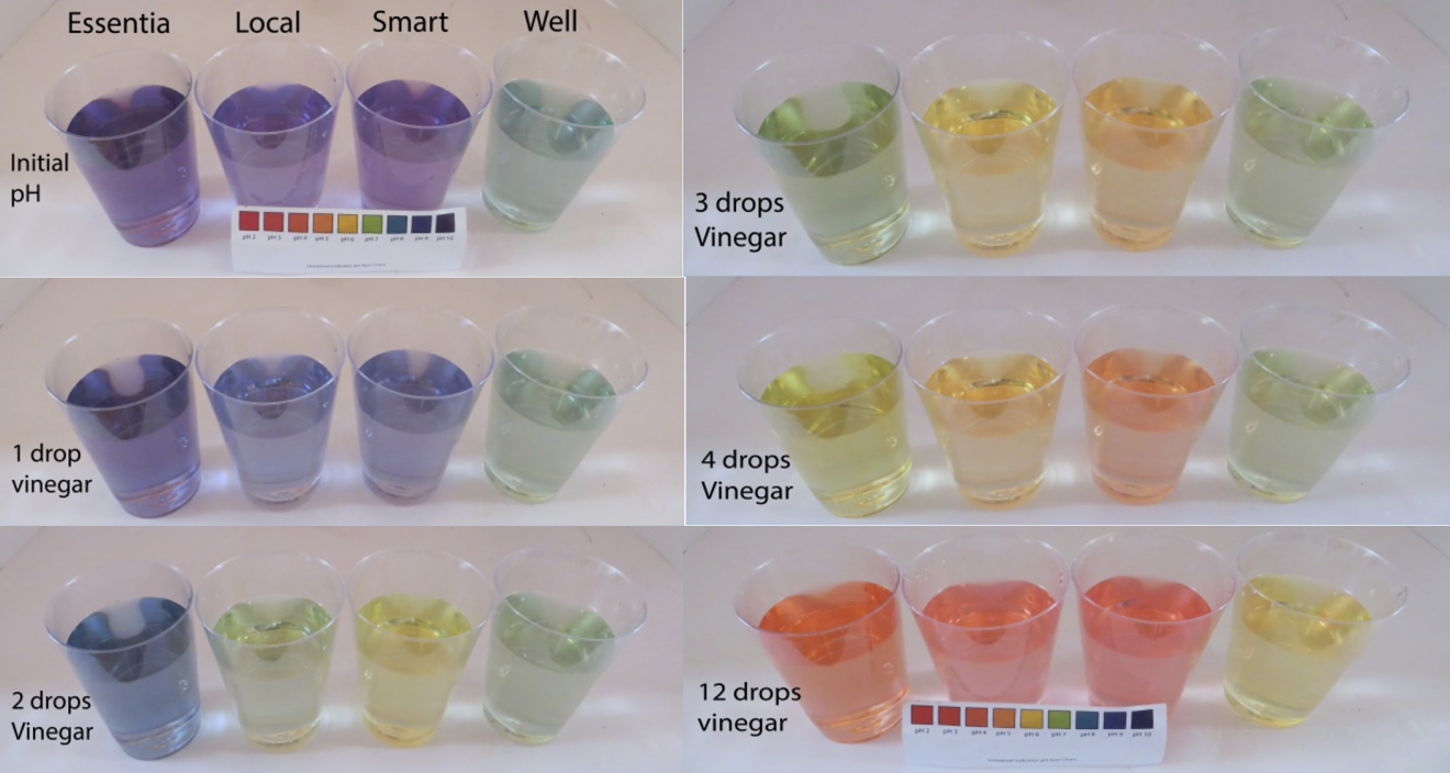 images of 4 sample cups of different alkaline water. control, then with 1, 2, 3, 4 and 12 drops vinegar so that viewer can see color changes 