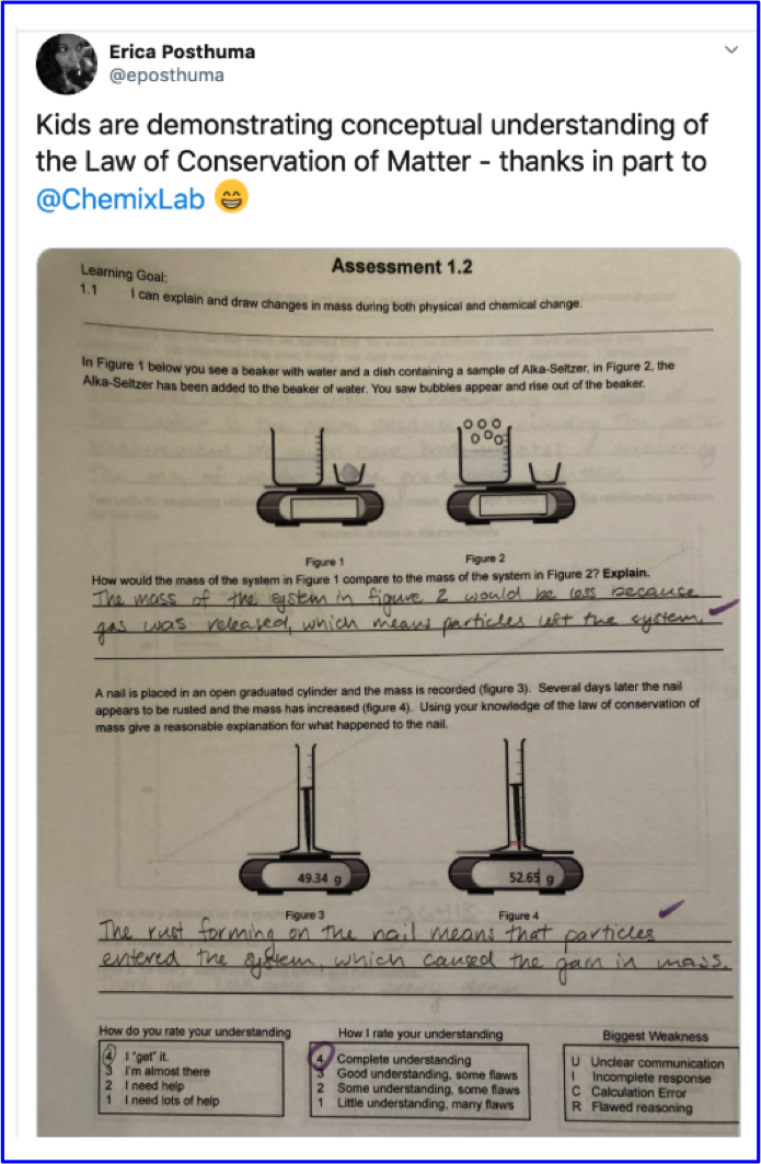 Tweet about image of assessment including boxes for understanding
