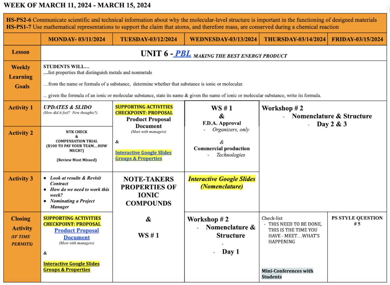 Week three planning guide for PBL unit - also available in supporting information